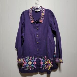 Main Street Blues Amethyst Purple Embroidered Button Up Shirt Top 2X